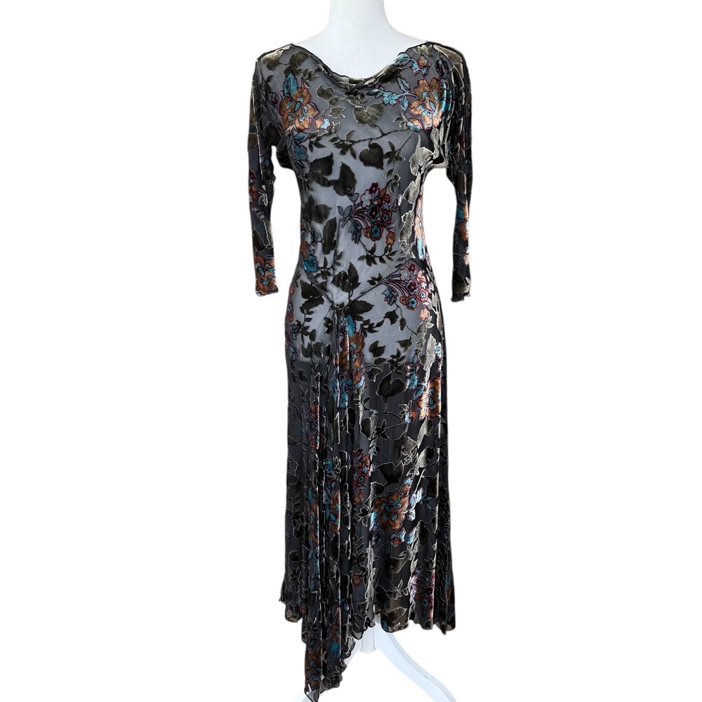 Hartnell Floral Burnout Velvet Mesh‎ Midi Dress Sheer Handkerchief Hem Vintage S